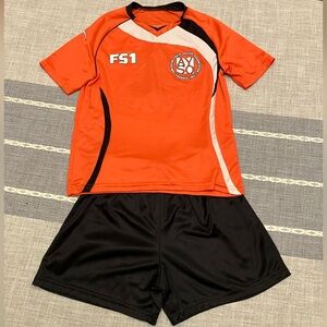 Kids AYSO Orange and Black Soccer jersey and shorts, size Small